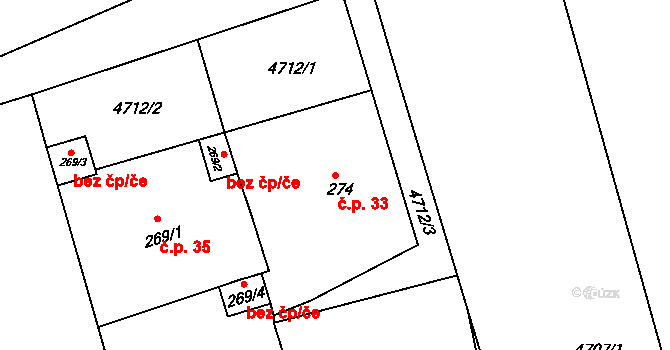 Buková Lhota 33, Benešov na parcele st. 274 v KÚ Úročnice, Katastrální mapa