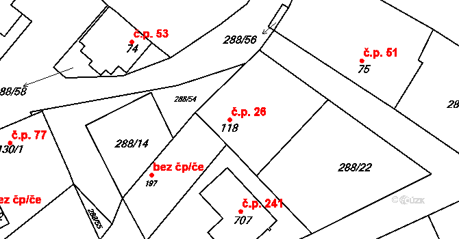 Doubravčice 26 na parcele st. 118 v KÚ Doubravčice, Katastrální mapa