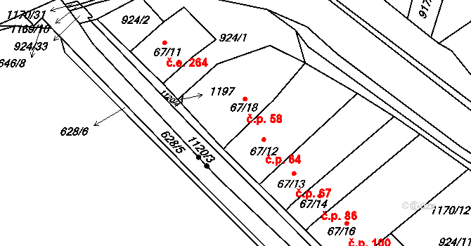 Chvalčov 58 na parcele st. 67/18 v KÚ Chvalčov, Katastrální mapa
