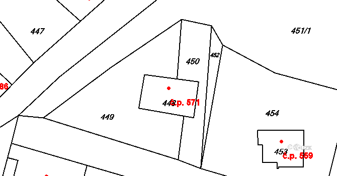 Zašová 571 na parcele st. 448 v KÚ Zašová, Katastrální mapa