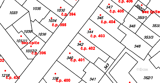 Pelhřimov 402 na parcele st. 342 v KÚ Pelhřimov, Katastrální mapa