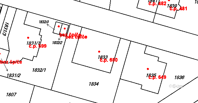Střešovice 650, Praha na parcele st. 1833 v KÚ Střešovice, Katastrální mapa