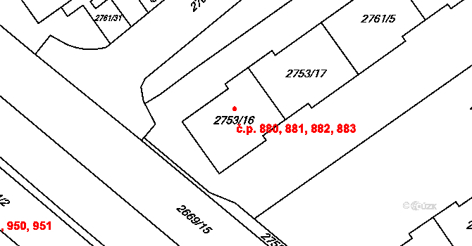 Hostivař 880,881,882,883, Praha na parcele st. 2753/16 v KÚ Hostivař, Katastrální mapa