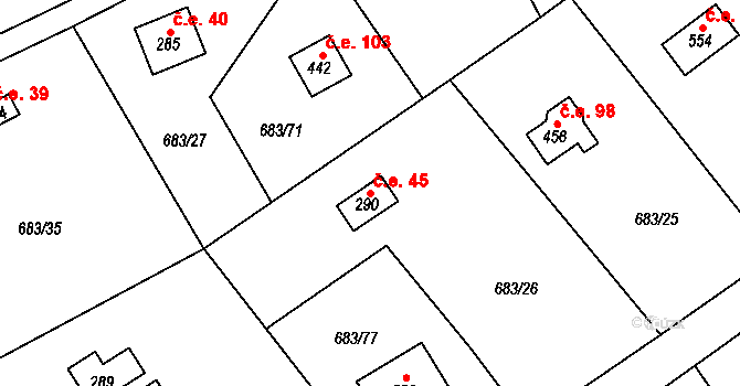 Halouny 45, Svinaře na parcele st. 290 v KÚ Svinaře, Katastrální mapa