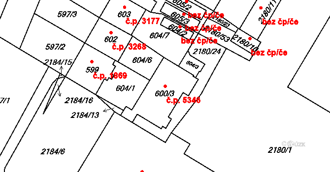 Chomutov 5346 na parcele st. 600/3 v KÚ Chomutov I, Katastrální mapa