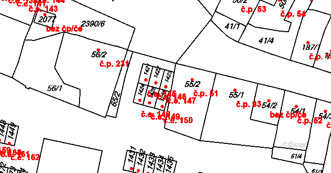 Rosice 147 na parcele st. 1423 v KÚ Rosice u Brna, Katastrální mapa