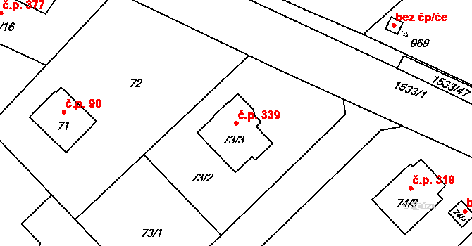Ráj 339, Karviná na parcele st. 73/3 v KÚ Ráj, Katastrální mapa
