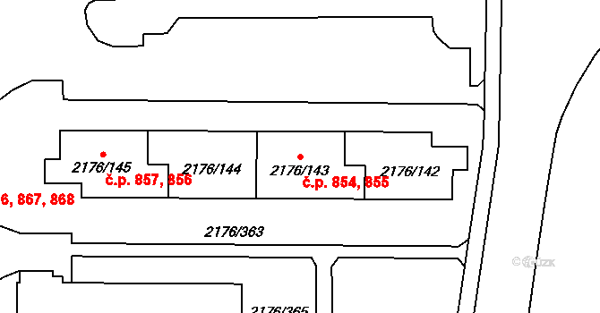 Skvrňany 854,855, Plzeň na parcele st. 2176/142 v KÚ Skvrňany, Katastrální mapa