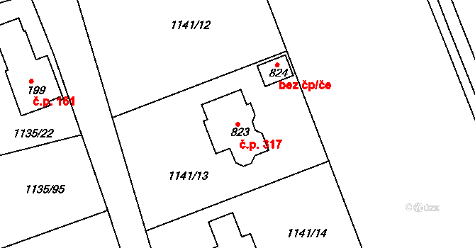 Dobřív 317 na parcele st. 823 v KÚ Dobřív, Katastrální mapa