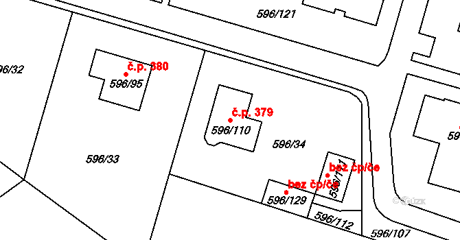 Hodonice 379 na parcele st. 596/110 v KÚ Hodonice, Katastrální mapa