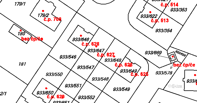 Satalice 627, Praha na parcele st. 933/647 v KÚ Satalice, Katastrální mapa