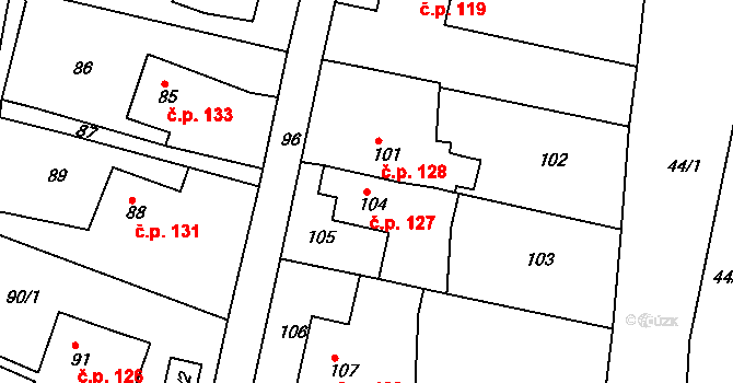 Kaceřov 127 na parcele st. 104 v KÚ Kaceřov u Kynšperka nad Ohří, Katastrální mapa