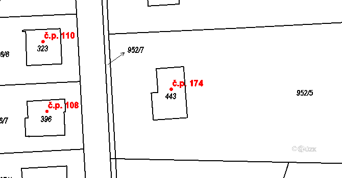 Miřetice 174 na parcele st. 443 v KÚ Miřetice u Nasavrk, Katastrální mapa