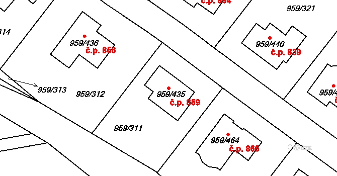 Průhonice 859 na parcele st. 959/435 v KÚ Průhonice, Katastrální mapa