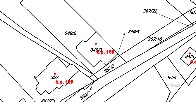 Rebešovice 189 na parcele st. 349/3 v KÚ Rebešovice, Katastrální mapa