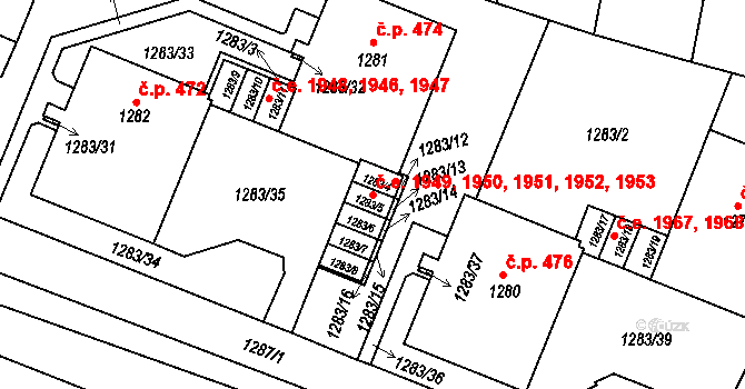 Lesná 1949,1950,1951,1952,, Brno na parcele st. 1283/4 v KÚ Lesná, Katastrální mapa