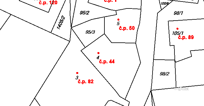 Olší nad Oslavou 44, Velké Meziříčí na parcele st. 4 v KÚ Olší nad Oslavou, Katastrální mapa