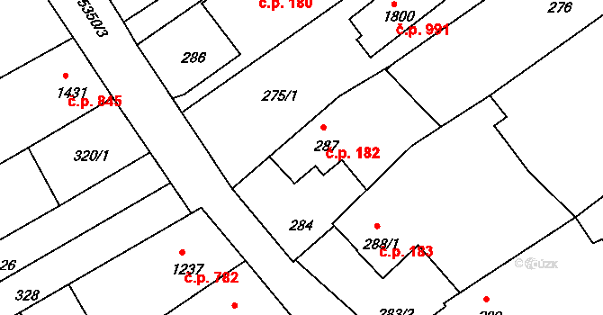 Vizovice 182 na parcele st. 287 v KÚ Vizovice, Katastrální mapa