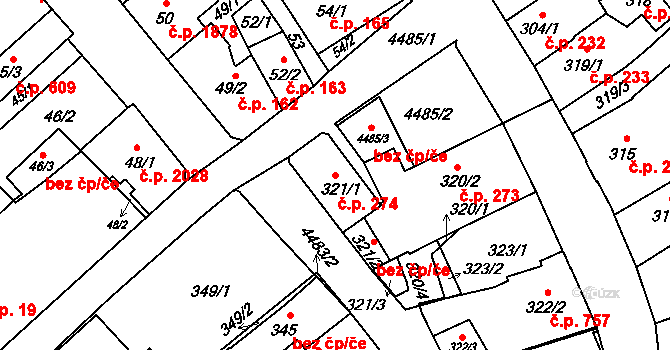 Hlučín 274 na parcele st. 321/1 v KÚ Hlučín, Katastrální mapa