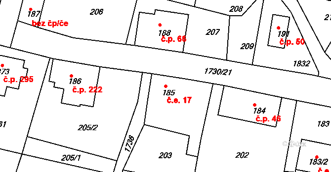 Jiřetín pod Jedlovou 17 na parcele st. 185 v KÚ Jiřetín pod Jedlovou, Katastrální mapa