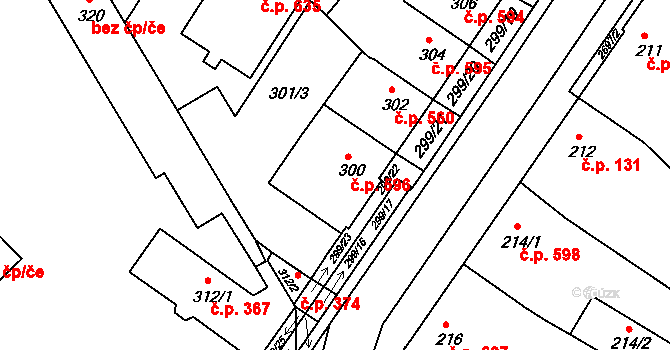 Bučovice 596 na parcele st. 300 v KÚ Bučovice, Katastrální mapa