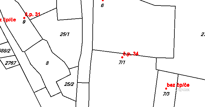 Velká 34, Milevsko na parcele st. 7/1 v KÚ Velká u Milevska, Katastrální mapa