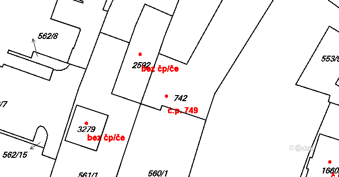 Milevsko 749 na parcele st. 742 v KÚ Milevsko, Katastrální mapa