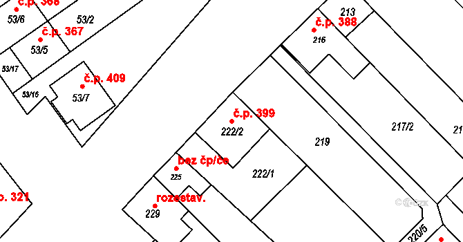 Šaratice 399 na parcele st. 222/2 v KÚ Šaratice, Katastrální mapa