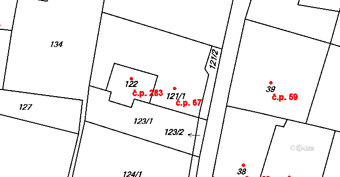 Zruč 67, Zruč-Senec na parcele st. 121/1 v KÚ Zruč, Katastrální mapa