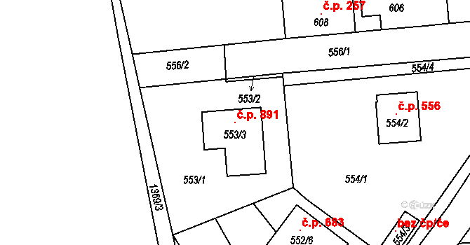 Tlučná 891 na parcele st. 553/3 v KÚ Tlučná, Katastrální mapa