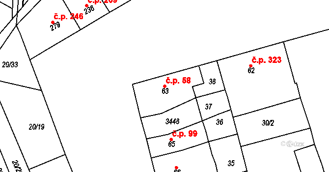 Nezamyslice 58 na parcele st. 63 v KÚ Nezamyslice nad Hanou, Katastrální mapa