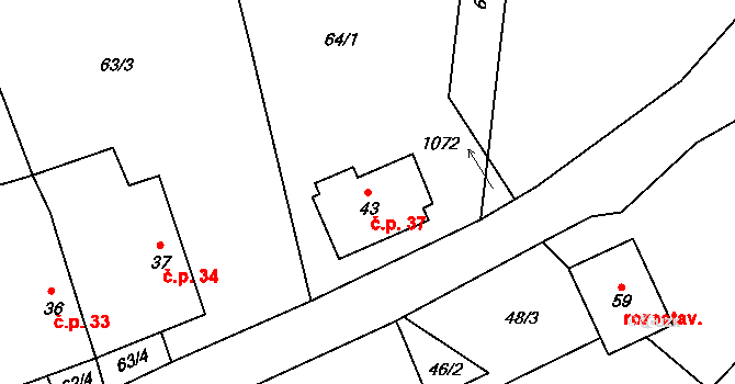 Něchov 37, Trhové Sviny na parcele st. 43 v KÚ Něchov, Katastrální mapa