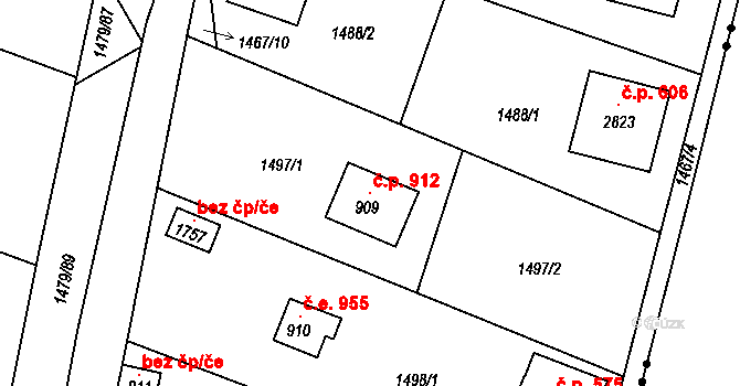 Litice 912, Plzeň na parcele st. 909 v KÚ Valcha, Katastrální mapa