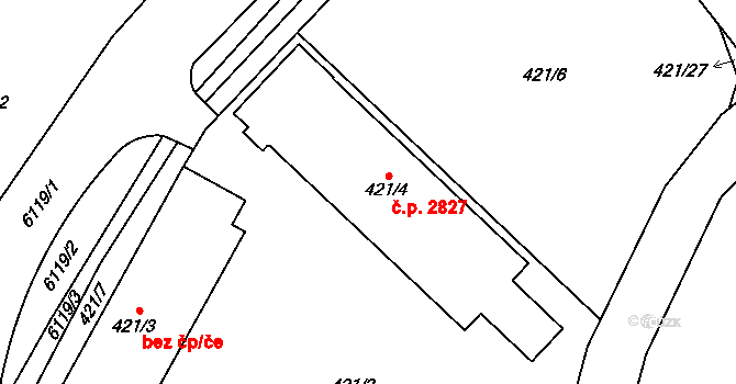 Jihlava 2827 na parcele st. 421/4 v KÚ Jihlava, Katastrální mapa