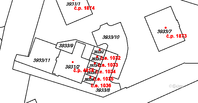 Jihlava 1032 na parcele st. 3933/2 v KÚ Jihlava, Katastrální mapa