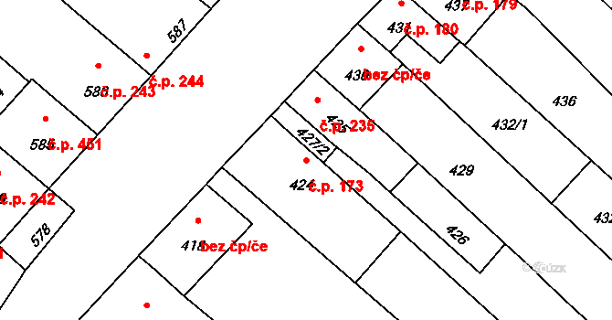 Sudoměřice 173 na parcele st. 424 v KÚ Sudoměřice, Katastrální mapa