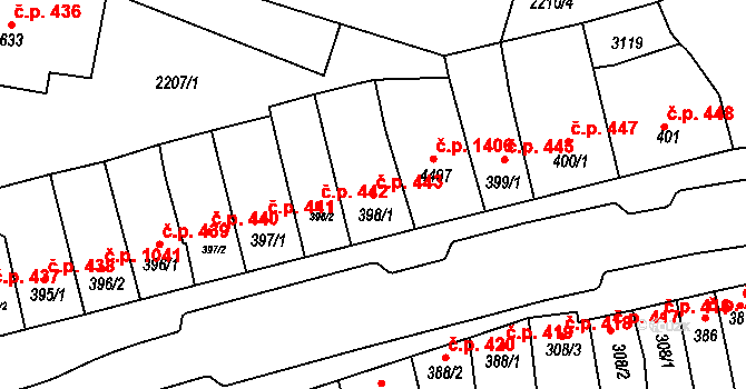 Kyjov 443 na parcele st. 398/1 v KÚ Kyjov, Katastrální mapa