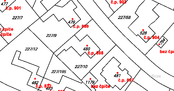 Švermov 898, Kladno na parcele st. 480 v KÚ Hnidousy, Katastrální mapa