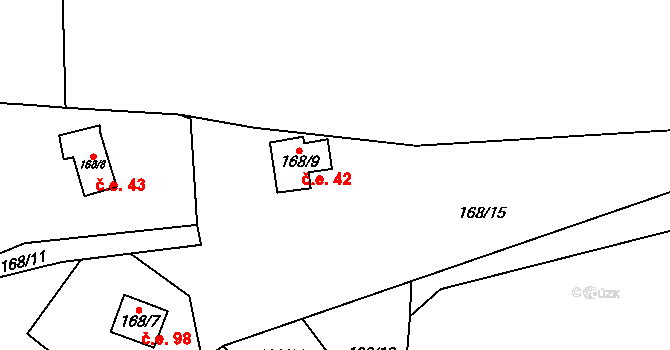 Hodyně 42, Skuhrov na parcele st. 168/9 v KÚ Hodyně u Skuhrova, Katastrální mapa