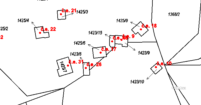 Koda 17, Tetín na parcele st. 1425/6 v KÚ Tetín u Berouna, Katastrální mapa