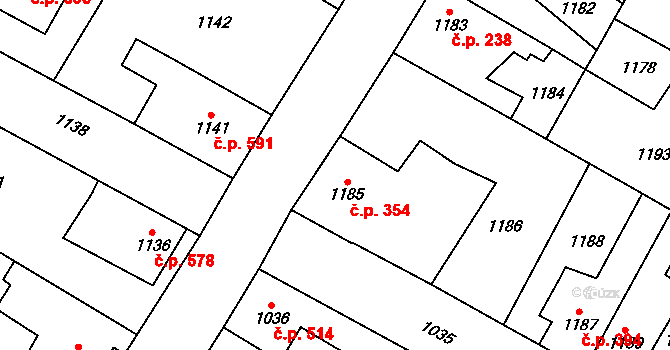 Kosmonosy 354 na parcele st. 1185 v KÚ Kosmonosy, Katastrální mapa