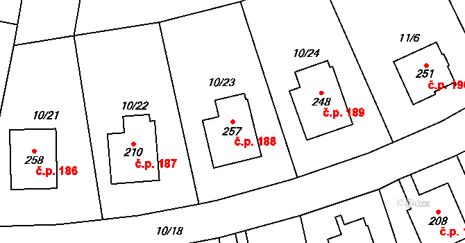 Chomutice 188 na parcele st. 257 v KÚ Chomutice, Katastrální mapa