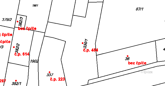 Libochovice 454 na parcele st. 336/1 v KÚ Libochovice, Katastrální mapa