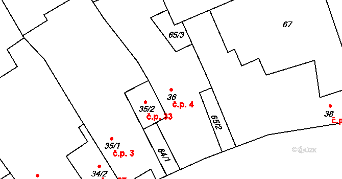 Svařenice 4, Vrutice na parcele st. 36 v KÚ Svařenice, Katastrální mapa