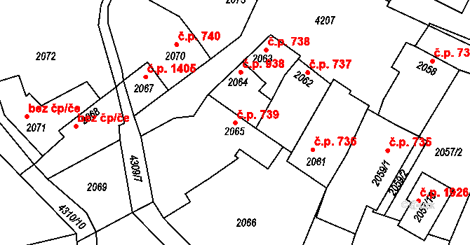 Roudnice nad Labem 739 na parcele st. 2065 v KÚ Roudnice nad Labem, Katastrální mapa