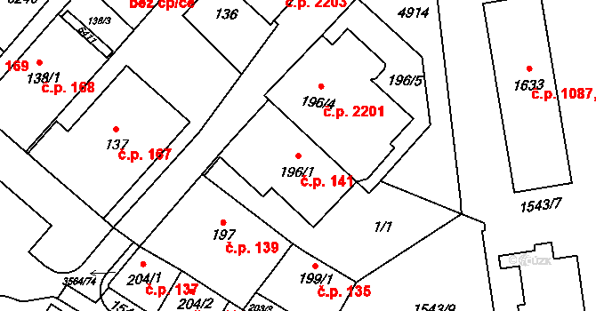 Rožnov pod Radhoštěm 141 na parcele st. 196/1 v KÚ Rožnov pod Radhoštěm, Katastrální mapa