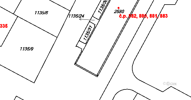 Valdické Předměstí 880,881,882,883, Jičín na parcele st. 2580 v KÚ Jičín, Katastrální mapa