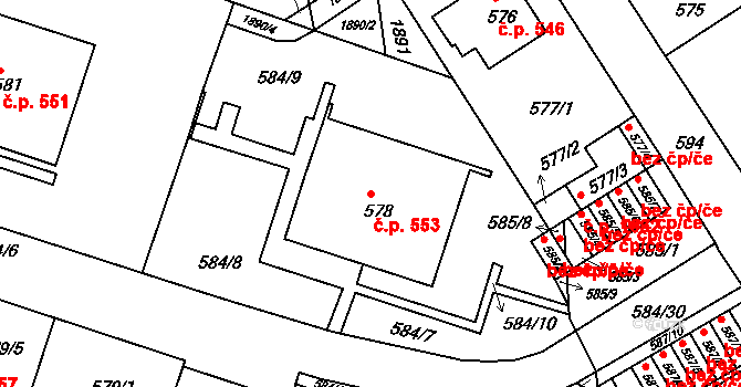 Komín 553, Brno na parcele st. 578 v KÚ Komín, Katastrální mapa