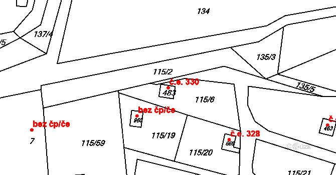 Přemyšlení 330, Zdiby na parcele st. 483 v KÚ Přemyšlení, Katastrální mapa