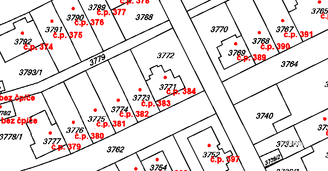 Záběhlice 384, Praha na parcele st. 3771 v KÚ Záběhlice, Katastrální mapa